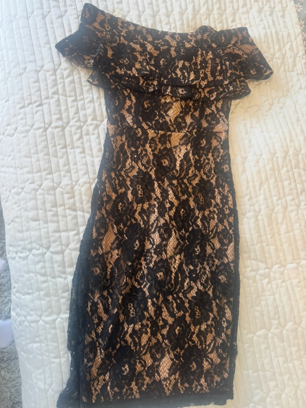 Elegant Black Lace One-Shoulder Dress with Nude Underlay